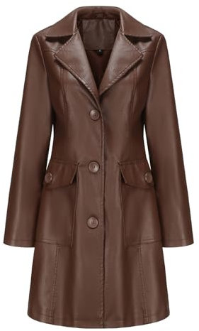 YURCI Trench Da Donna In Pelle PU Vintage, Abito Da Giacca A Maniche Lunghe In Ecopelle Da Donna, Trench con Spolverino Sul Petto (Color : Coffee, Size : S)