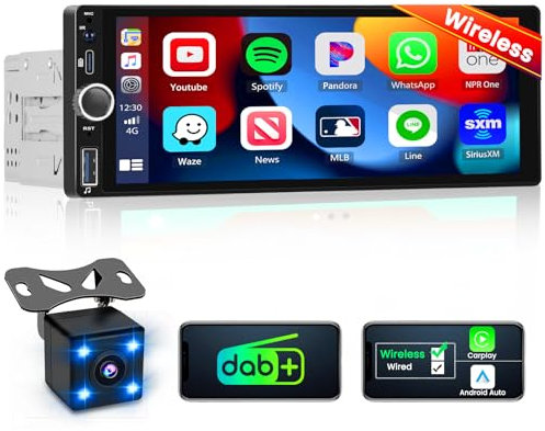 Hikity DAB DAB+ Autoradio 1 Din mit Wireless Carplay Android Auto, Touch Screen 6,9 Zoll, Bildschirm Bluetooth Freisprecheinrichtung Auto Radio mit Mirror Link, FM, EQ, Rückfahrkamera