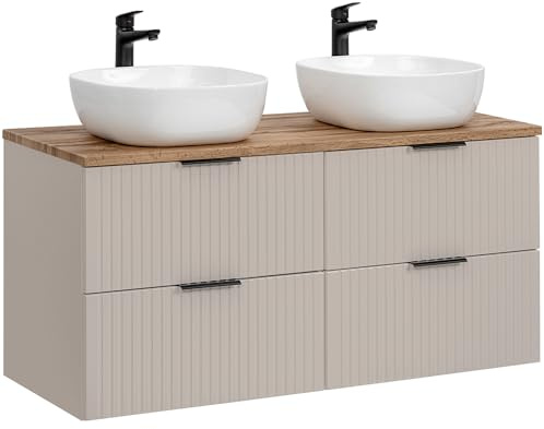 Lomadox Badezimmer Waschtisch 120cm, in Kaschmir und Eiche, mit 2 Softclose-Schubladen mit Keramik-Waschbecken