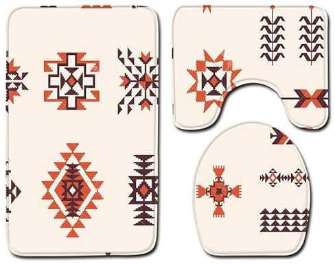 Bad Teppiche Set 3-Teiliges Retro Orange Beige WC Vorleger Mit Ausschnitt Badematte Saugfähig WC Deckelbezug Badvorleger rutschfest Waschbar Toilettensitzbezug Badgarnitur (50x80cm)