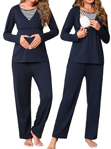 Bresdk Ensemble de Pyjama Maternité pour Femme Coton Vetement Grossesse d'allaitement Manche Longue Hiver Chaud Doux
