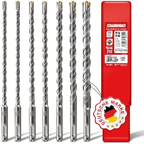 SCHWABENBACH ® SDS PLUS Betonbohrer Set - Super SDS Bohrer Set - 7tlg. 6 8 10 12 14 x 210 mm - Steinbohrer kompatibel mit Bosch Hilti Metabo Bohrhammer - für Schlagbohrmaschine (kein SDS MAX)
