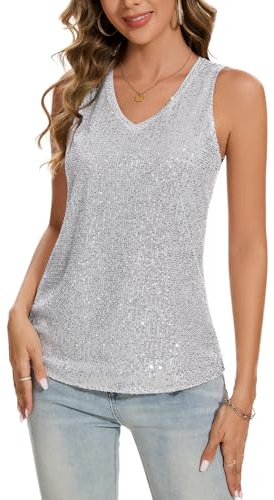 MINTLIMIT Damen Ärmellos Blusen Glitzer Tank Top Sommer Oberteile V-Ausschnitt Blusen Tops (Silbrig M)