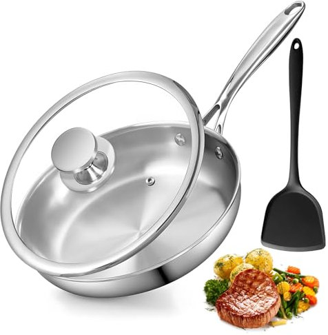 30cm Stainless Steel Frying Pan with Lid, Frying Pan for Searing & Sauteing, 5 Ply Stainless Steel Cookware, Induction Cookware, Cooking Pan, Stir Fry Pan, Dishwasher Safe Pan