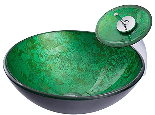 Lavandino da appoggio per Bagno, lavabo da appoggio in Vetro temperato, lavabo da appoggio Rotondo Verde, lavabo da appoggio sopra Il Piano, lavabo Artistico con Rubinetto a Cascata, Scarico