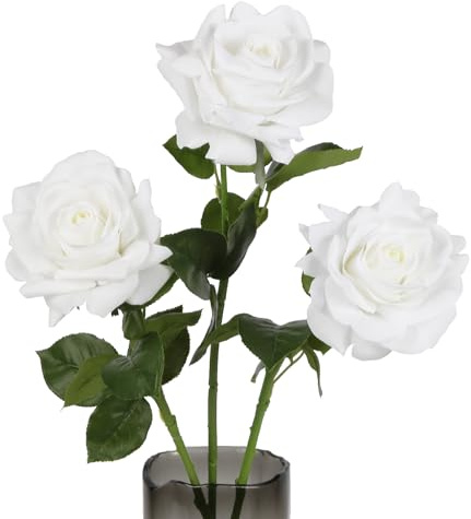 ICBOX 3 rose bianche artificiali, 12 cm, rosa finta realistica al tatto, stelo lungo 65 cm, rosa in seta bianca, fiori finti per bouquet da sposa, decorazione per casa, feste, giardino, colore: bianco
