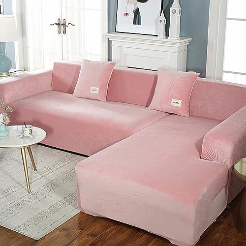 Samt-Sofabezug-Set in L-Form für 4 + 5 Sitze, Stretch-Sessel und Zweisitzer-Möbelschutz, Rosa