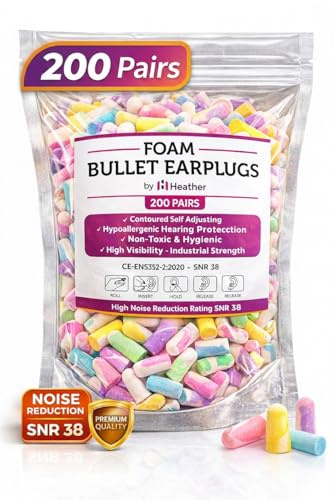 Heather UK Safe Soft Foam Bullet Earplugs - 200 Pairs - Noise Cancelling Ear Plugs for Sleep, Snoring, Studying, Motorcycle, Swimming - Disposable Foam Earplugs for Adults