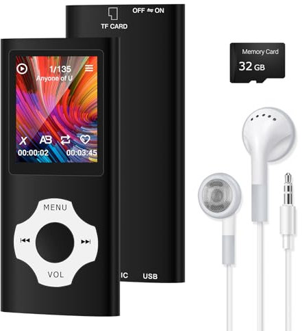 Lecteur MP3 / MP4 32Go avec Bluetooth 5.2, Portable Lecteur Musical Sport sans Perte HiFi avec Ecran de 1.8 Pouces, Radio intégrée, vidéo, Enregistreur Vocal, E-Book Reader