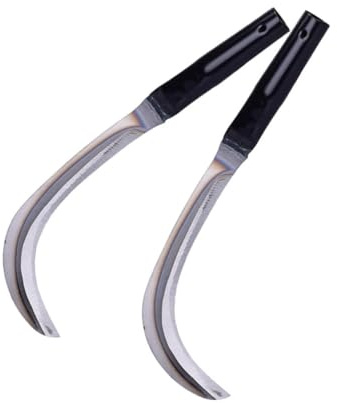 KONTONTY 2pcs Manganese Steel Scythe Mowing Knife Long Handle Garden Tool Rustproof Harvesting Knife for Reaping Hook