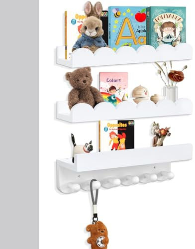 Rainmae Mensole per libri da parete per camera da letto per bambini con ganci, 40 cm, mensole smerlate per asilo nido set di 3, libreria per cameretta dei bambini per decorazione da parete