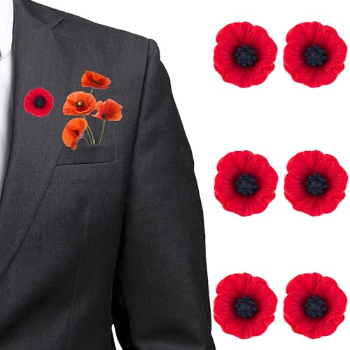 Lot de 6 pin's coquelicot en résine, simple et vintage pour le jour du Souvenir - Broche coquelicot rouge Lest We Forget pour homme et femme
