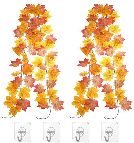 YCICHE 2 Stück Herbst Girlande Ahornblätter, Künstliche Ahornblätter Thanksgiving Herbst Dekoration, Herbstblätter Reben Seide Ahornblatt Hängep Girlande, für Zuhause/Kamin/Garten/Party (200cm)