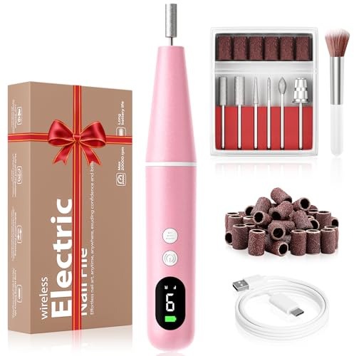 Electric Nail Drill Kit, Electric Nail File Cordless Nail Drill Machine for Acrylic Gel Dip Powder Nails, Professional Portable Manicure Pedicure Rechargeable Lightweight for Home Salon Use