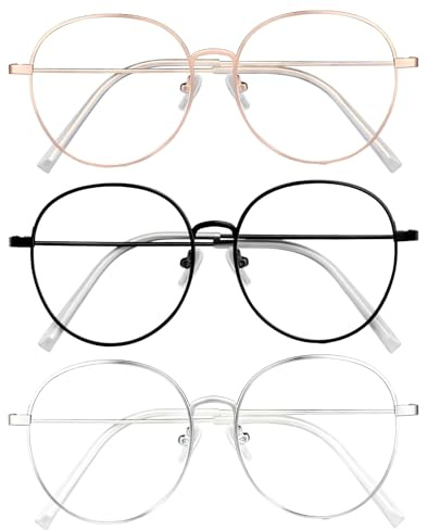 ALONK 3 Stück Brille ohne Stärke, Vintage Fake Brille Herren and Damen mit Metallgestell (schwarz, Silber und Gold)