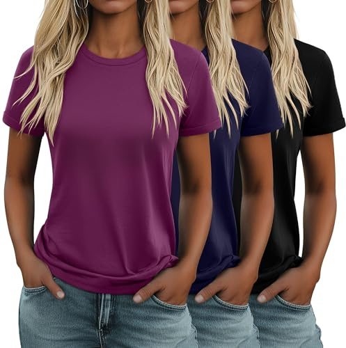 Geyoga 3 Pack Women's Cotton T Shirts Casual Short Sleeve Tunic Tops Crewneck Summer Loose Fit Plain Basic Tee