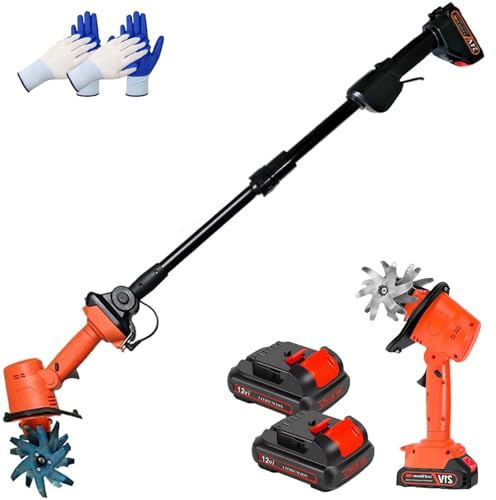 Motoazada Eléctrica Inalámbrica de 21 V, Mini Cultivadora Inalámbrica con Mango de 1,3 M de Largo, 10 Cm de Ancho de Labranza y Profundidad de Trabajo, Mini Cultivadora de Mano para Gra Two Batteries
