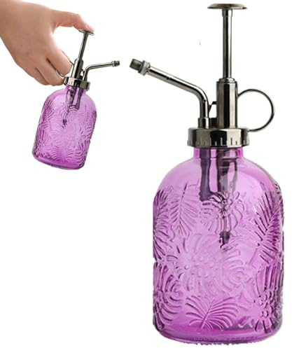 Gießkanne, 350 ml Wasserkanne mit feinem Nebel, Pflanzenbewässerung mit Blattmuster aus Glas mit Griff, rutschfestes, exquisites Pflanzengerät für den Innenbereich, Lila