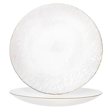11inch Gold Rim Textured Glass Charger Plates, Large Clear Wave Glass Dinner Plates, Round Transparent Serving Platter for Wedding, Party, Steak, Fruit, Dessert, Home Table Decor