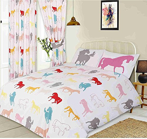 KIDZ KOLLECTIONZ Single Bed Horses White, Duvet/Quilt Cover Set, Novelty Kids Pony Equestrian Show Silhouette, Grey Pink Orange Teal Green Blue Red