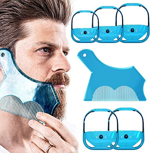 Linkidea Beard Shaping & Styling Tool with Comb, Beard Trimmer Template for Men, Clear Mustache Sideburns Outliner Stencil Lineup for Jaw Cheek Neck (Blue)
