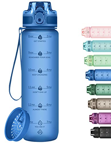 Alwager 32oz Motivational Water Bottles with Time Marker & Fruit Strainer, Single Color Water Bottle with Times to Drink, Leakproof & BPA Free, Reusable Plastic Bottle with Strap (No Straw)