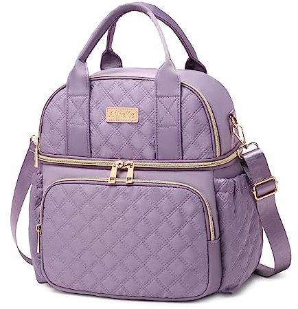 AIJIEKE Lunch Bag for Men Women, Dual Compartment Lunch Box Insulated Lunch Bags, Large Adult Double Deck Leak Proof Lunch Tote Cooler with Adjustable Shoulder Strap for Work Picnic, Light Purple