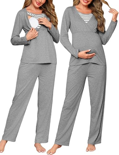 Bresdk amningskyjamas, dam, lång mammapyjamas, långärmad, vinter, bomull, nattkläder, tvådelad graviditetspyjamas, amningsfunktion, mammamode för gravida