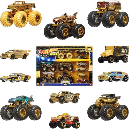 Hot Wheels Toy Cars & Trucks, Monster Trucks Trophy Champions Collection with Die-Cast Bigfoot, 5-Alarm, Bone Shaker, Mega-Wrex & Tiger Shark & 6 Cars, JDW07