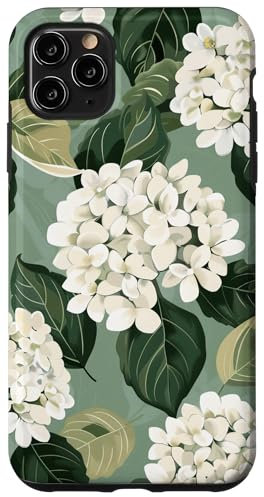 iPhone 11 Pro Max Pretty White Floral Hydrangeas Pattern Sage Green Case