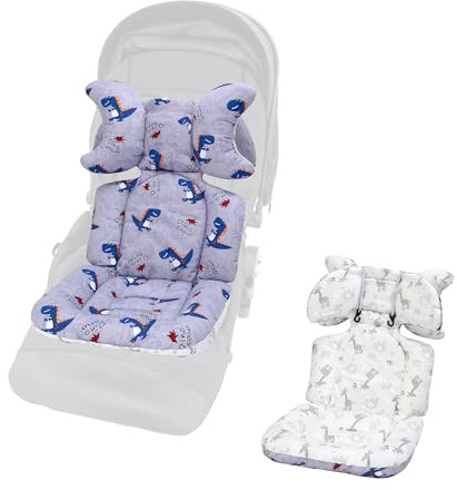 LAT Colchoneta Silla Paseo Universal, Reversible Funda Silla Paseo Universal, Algodón Funda Carro Bebe Universal con Reposacabezas Extraíble para Cochecitos (Dinosaurio+Jirafa)