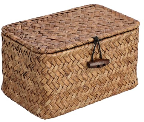 IGNPION Small Seagrass Desk Storage Basket with Lid, Wicker Entryway Keys Storage Basket, Bathroom Organiser Box, Farmhouse Decorative Shelf Box, Multipurpose for Craft, Paper Clip, Hair Ties （）