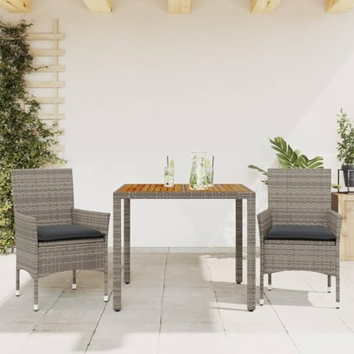 sephironlbb 3-TLG. Garten-Essgruppe mit Kissen Grau Poly Rattan Akazie, wetterfestes Gartenmöbel Set, Outdoor Sitzgruppe für Balkon Terrasse, Polyrattan Tisch Stuhl mit Polster