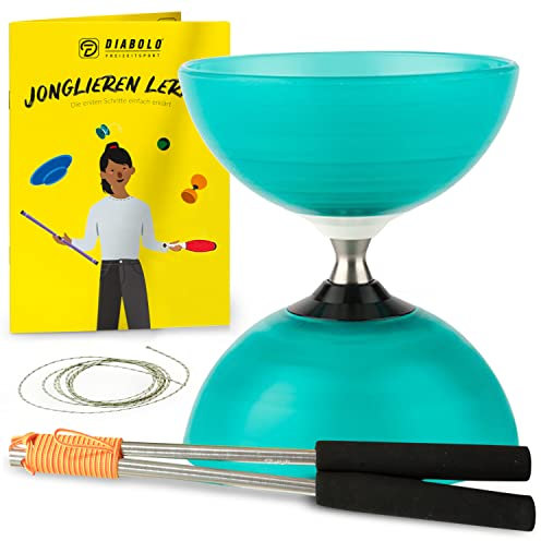 Diabolo-Set mit Henrys Beach Free Freilauf-Kugellager Diabolo - Jonglage Profi-Set (türkis) - Jonglieren für Einsteiger und Fortgeschrittene
