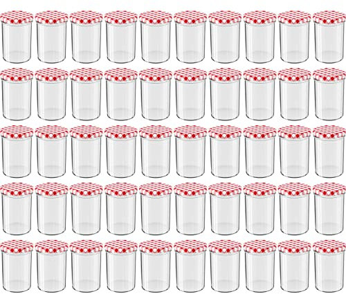 WELLGRO 50x Einmachgläser mit Schraubdeckel - 435 ml, 8,5 x 12 cm (ØxH), Glas/Metall, rot karierte Deckel To 82, Gläser Made in Germany, verschiedene Mengen wählbar, Stückzahl:50 Stück