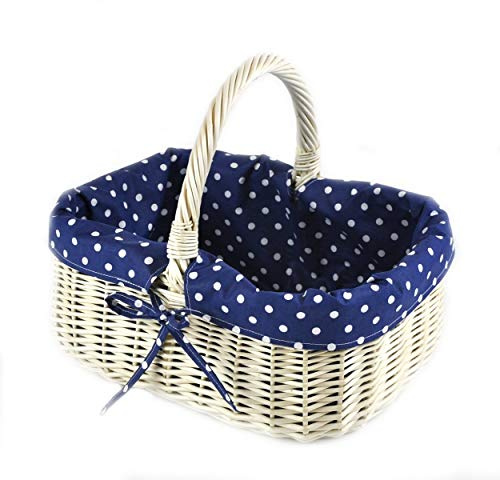 MyBer® Korg, flätad korg, shoppingkorg, picknickkorg, 33/23/13 cm (27 cm med handtag). Robust bärkorg av vide, helvide, vit med tyginlägg K12-014-W-SBW