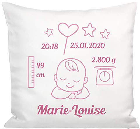 Geschenke 24 Kissen zur Geburt Taufe (rosa): personalisiertes Kuschelkissen mit Geburtsdaten Bedruckt – Geschenk zur Geburt, Taufe Mädchen, Taufe Junge