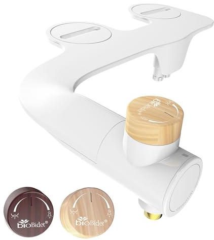 Bio Bidet Essential Bidet Attachment for Toilet, Non Electric, Dual Nozzles for Front and Rear Cold Water Wash, Adjustable Water Pressure, Wooden Knob, White