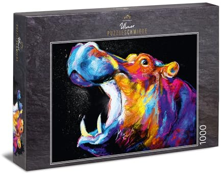 Ulmer Puzzleschmiede - Puzzle „Funky Hippo“ - Abstraktes 1000 Teile Tier-Puzzle – Puzzlemotiv der künstlerischen Nilpferd-Zeichnung auf schwarzem Hintergrund - Wildlife als Bunte Malerei