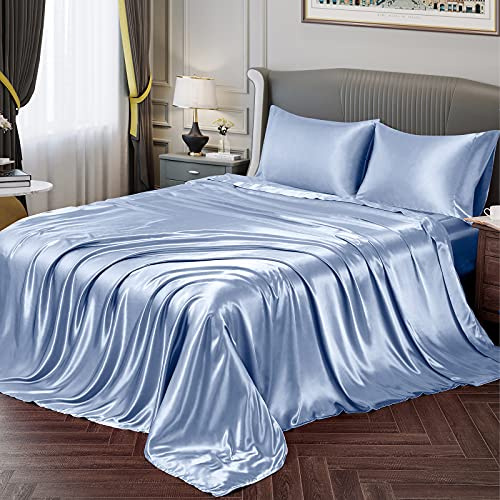 Vonty Satin Sheets Queen Size Silky Soft Satin Bed Sheets Baby Blue Sheet Set, 1 Deep Pocket Fitted Sheet + 1 Flat Sheet + 2 Pillowcases