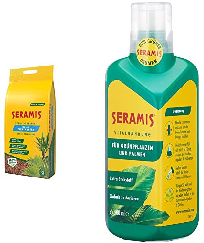 Seramis Spezial-Substrat für Palmen, 15 l & 730413 Vitalnahrung für Grünpflanzen und Palmen, 500 ml – Pflanzendünger für optimales Wachstum, Flüssigdünger mit praktischer Dosierhilfe