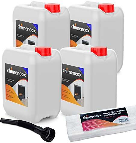 4 x 5L Bioetanol 99,5% para chimeneas de Chimeneox (con Embudo) + 2 x Esponja Fibra Cerámica