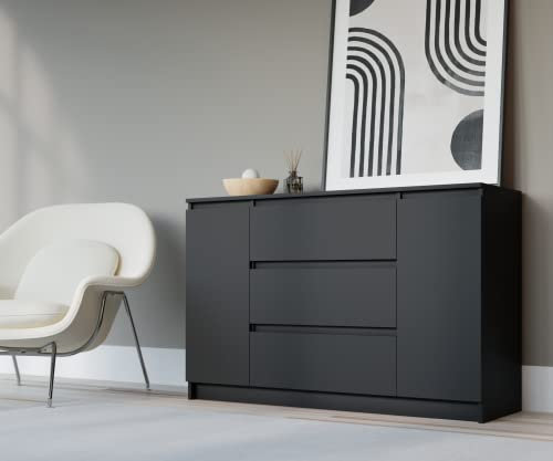3E 3xE living.com Kommode 140 cm mit 2 Türen und 3 Schubladen in Schwarz - 140 x 78 x 39 cm (B/H/T)