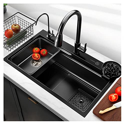 Fregadero De Cascada Nano Raindance De Acero Inoxidable 304 para Cocina, Con Grifo Extraíble Fregaderos Grandes De Un Tazón, Con Grifo, Lavabo, Arandela De Vidrio, Tabla De Cortar (