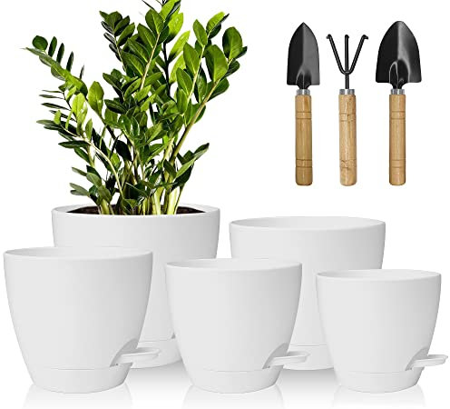 Idealife 5 Packs Kunststoff Blumentopf Mit Bewässerungssystem, 17.8/16.5/15.2/13.9/12.7cm Selbstbewässerung Übertopf Mit Untersetzer Rund Pflanzkübel Für Innen Und Balkon Garten Pflanzen(Weiß)