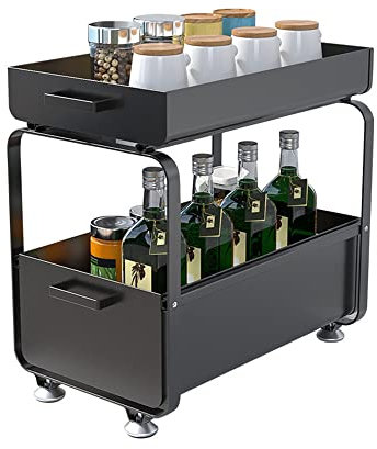 HUOLE 2 Niveaux Etagere de Rangement sous Evier Rack, avec tiroir Coulissant pour Cuisine, Salle de Bain, Chambre, en Acier Inoxydable-40 * 25.5 * 39.5cm Noir