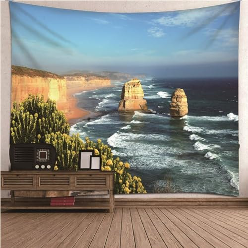 Aotiwe Wandvorhang Outdoor, Wandteppich Boho 300 Felsen Ozean Himmel Blau Grün Wandteppich aus Polyester Wanddeko Outdoor 300x260cm