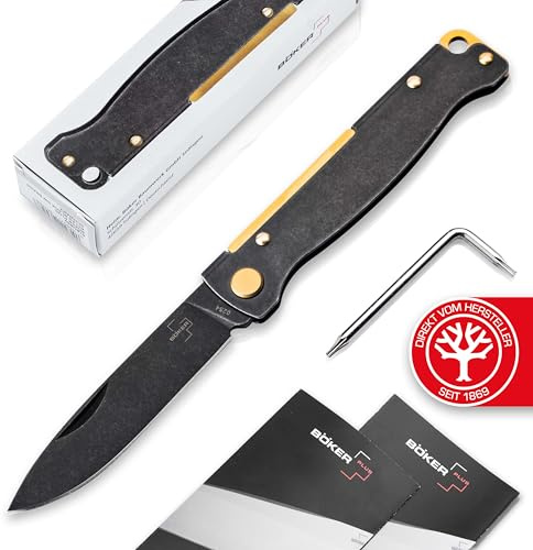 BÖKER PLUS® Atlas Black Stonewash Brass - schwarzes EDC Taschenmesser mit Clip extra flach - Slipjoint Zweihand Klappmesser 42a konform legal - Vollmetall Messer mit 12C27 Sandvik Droppoint Klinge