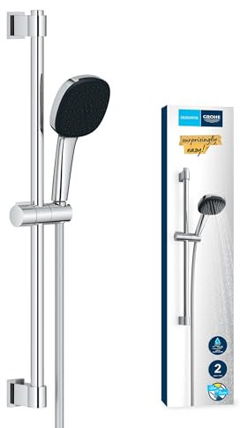 GROHE Vitalio 110, Duschset wassersparend, 6l pro Min (Duschstangenset mit: Duschkopf 3 Strahlarten, 1,75m Schlauch, Duschstange 60cm, zum Kleben oder Bohren, ohne Kleber), eckig, chrom, 2639810E