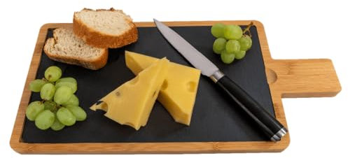 EUROHOME Schneidebrett 2-teilig - Bambus Holzbrett - Brotzeitbrett mit Schieferplatte - Robustes Frühstücksbrettchen 32 x 19 cm - Rechteckiges Servierbrett - Bambusbrett mit praktischem Griff